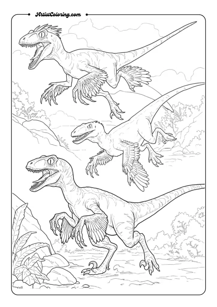 Velociraptor Pack Hunting dinosaur coloring pages