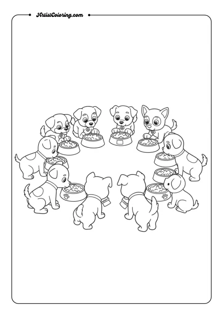 All pups around their food bowls coloring Pages