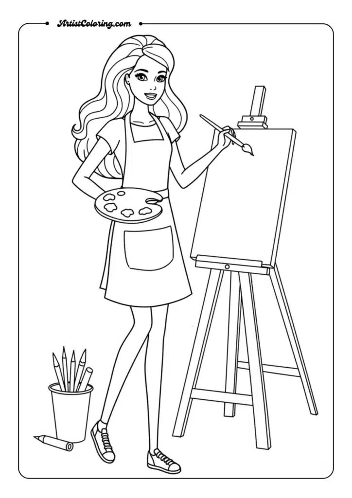 Barbie painting on easel