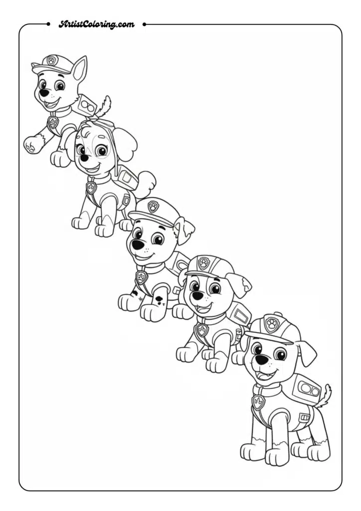 Paw Patrol pups standing in a line