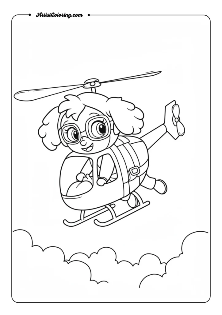 Skye flying with her helicopter pack